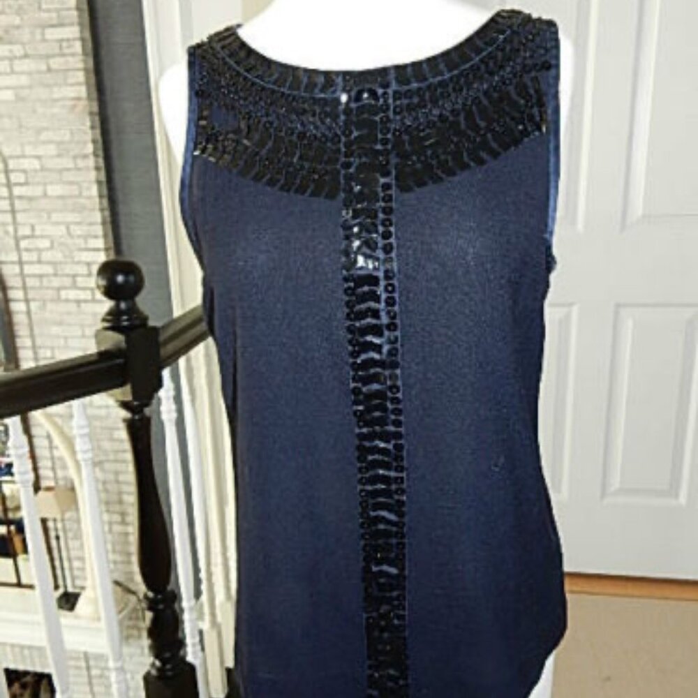 Tory Burch Navy Blue Wool Blend Sequins Beaded Sleeveless Zip Up Blouse Shirt 8